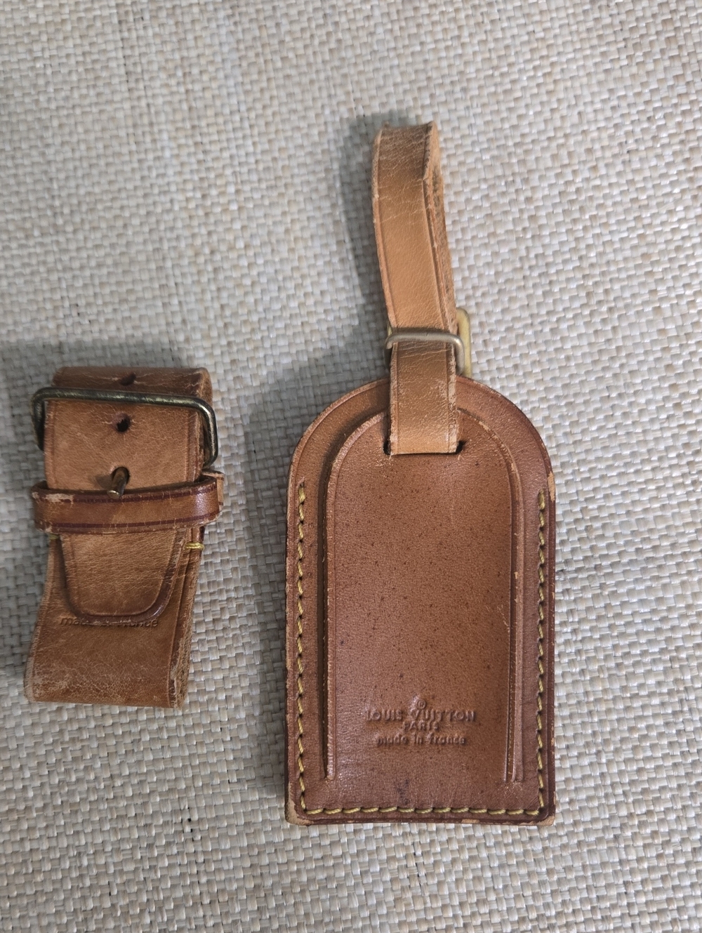 Louis Vuitton Brown Tan Leather Luggage Tag and Poignet Strap